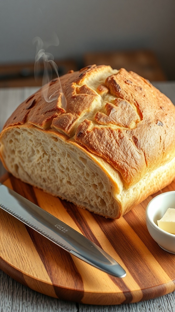 Sourdough Bread Recipe Using KitchenAid Freshly baked sourdough bread with a golden crust on a wooden board, accompanied by a knife and butter.